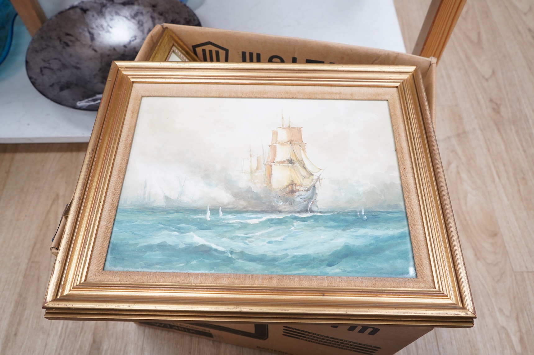 Late 19th / early 20th century, Maritime interest, Boats at sea before a castle, oil on board, together with six similar watercolours to include examples by Frederick James Aldridge and B. McKinley, largest 24 x 34cm